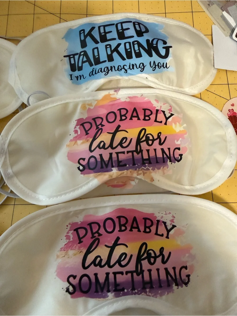 Kids White Sleep Mask with Pink & Blue Prints - Fun Sayings